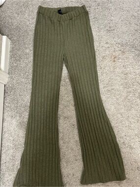 Ribbed Olive Green Knit Flared Pants